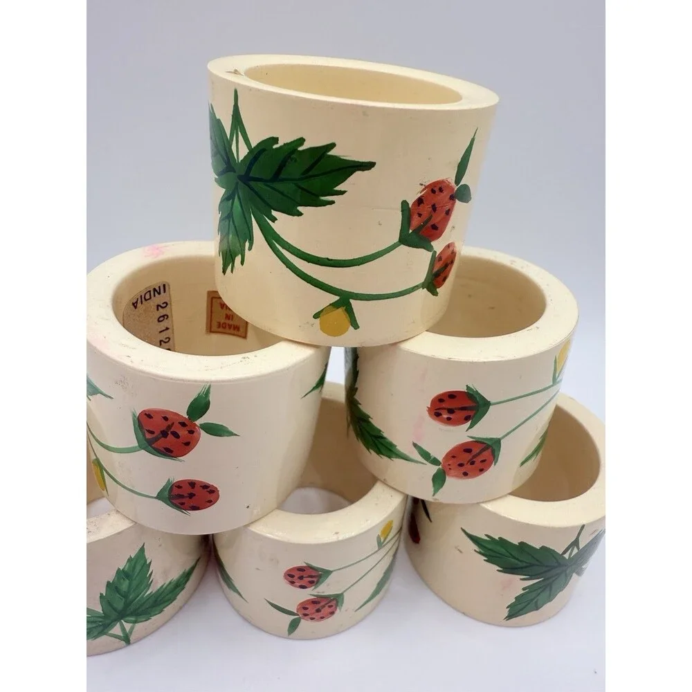 Strawberry Napkin Rings Holders Resin Set of 6 Farmhouse Summer Country